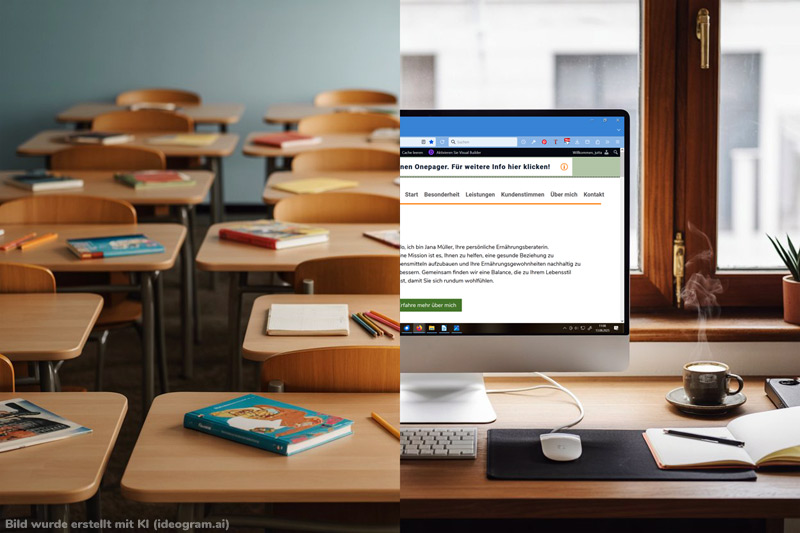 Linke Seite Klassenzimmer, rechte Seite Monitor mit Website, Tastatur, Maus, Tasse Kaffee
