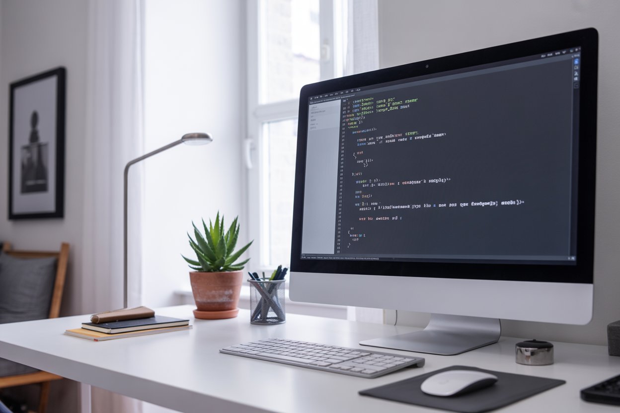 Schreibtisch mit Monitor und Tastatur, auf dem Bildschirm HTML-Code