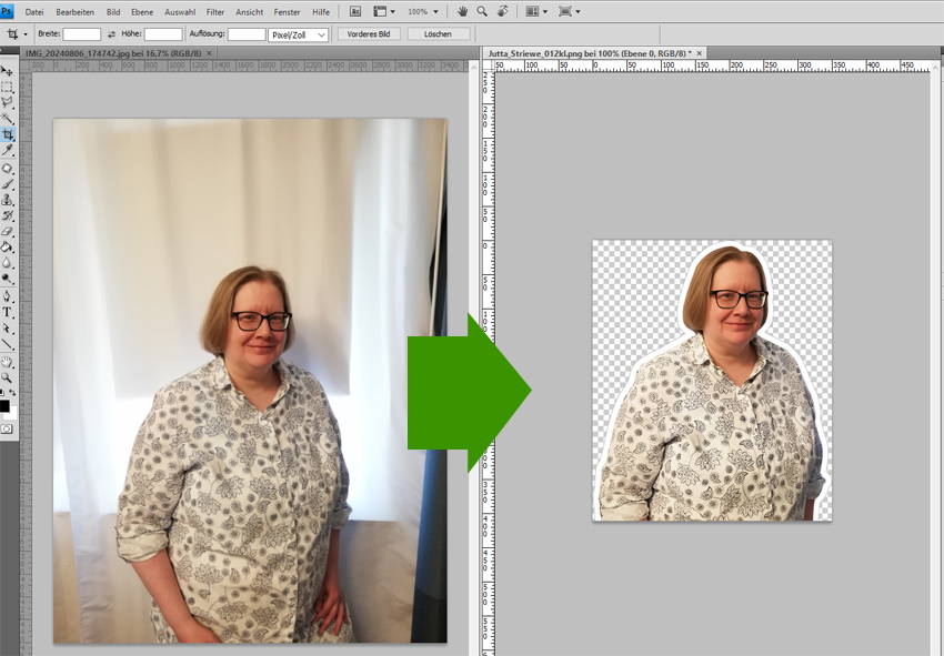Vorher-Nachher-Beispiel einer Bildbearbeitung: links Originalfoto, rechts freigestelltes Porträt mit transparentem Hintergrund.