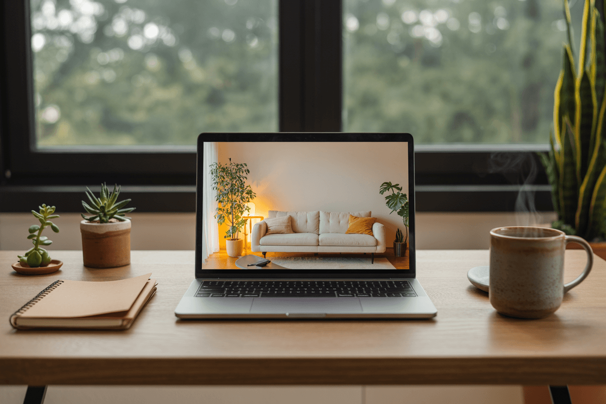 Ein Schreibtisch im Homeoffice mit offenem Laptop, auf dessen Bildschirm ein gemütliches Wohnzimmer mit Sofa und Pflanzen zu sehen ist. Durch das Fenster fällt Tageslicht und der Blick geht ins Grüne.