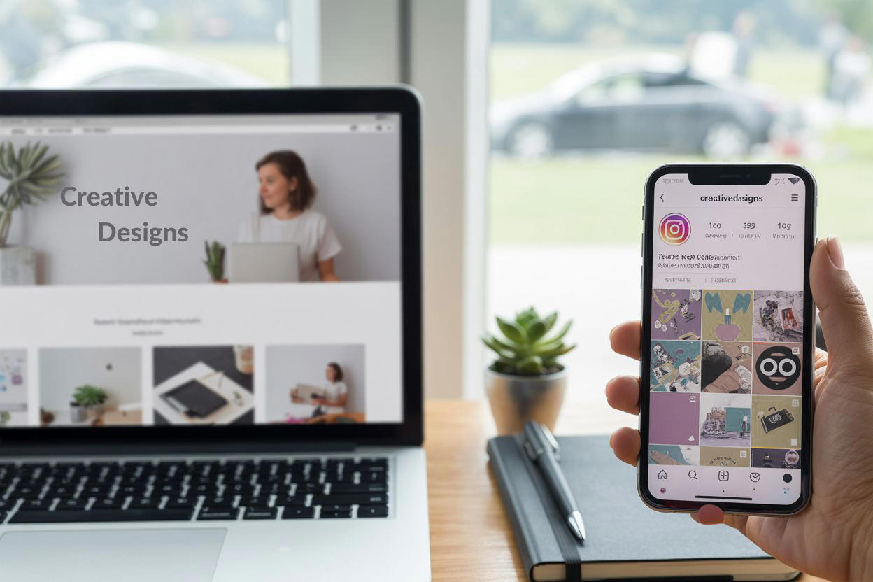 Laptop mit geöffneter Website neben Smartphone mit Instagram-Profil – Vergleich zwischen eigener Website und Social Media