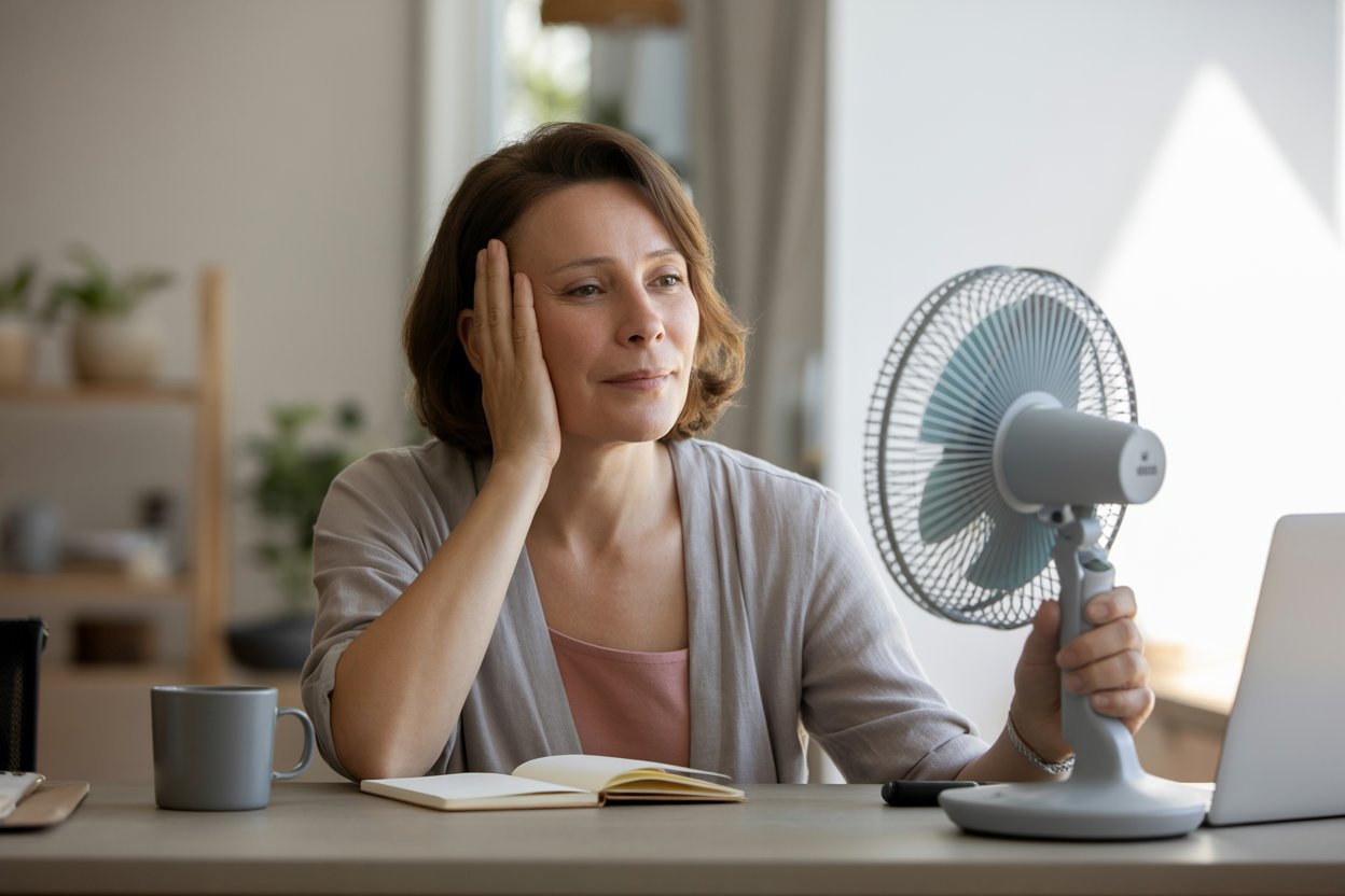 Frau im Homeoffice während einer Hitzewallung, die sich am Schreibtisch mit einem Ventilator abkühlt