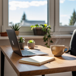 Helles Homeoffice mit Laptop, Notizbuch, Kaffeetasse und kleinen Grünpflanzen auf einem Holztisch.