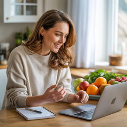Frau arbeitet mit Laptop in heller Küche, umgeben von frischem Obst und Gemüse.