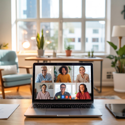 Laptop zeigt Online-Meeting mit mehreren Personen in heller, wohnlicher Umgebung.
