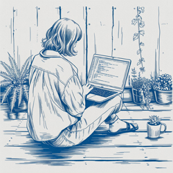Monochrome Linienzeichnung einer Frau mit Laptop auf einer Terrasse, umgeben von Pflanzen.