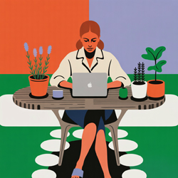 Illustration einer Frau, die im Garten am Laptop arbeitet, in farbenfrohem, grafischem Stil.