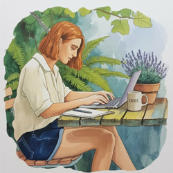 Frau arbeitet mit Laptop im Garten, Illustration in natürlichem, aquarellähnlichem Stil.