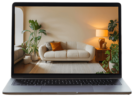 Laptop, auf dessen Bildschirm ein gemütliches Wohnzimmer mit hellem Sofa, Pflanzen und warmem Licht zu sehen ist.
