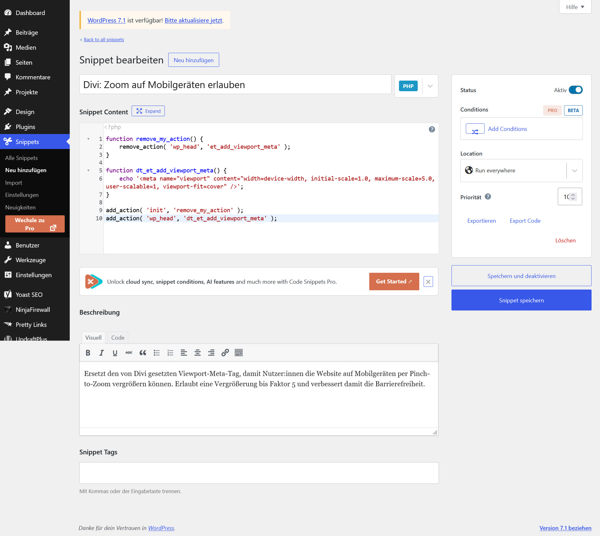 Eingerichtetes PHP-Snippet für den Divi-Zoom-Fix in Code Snippets